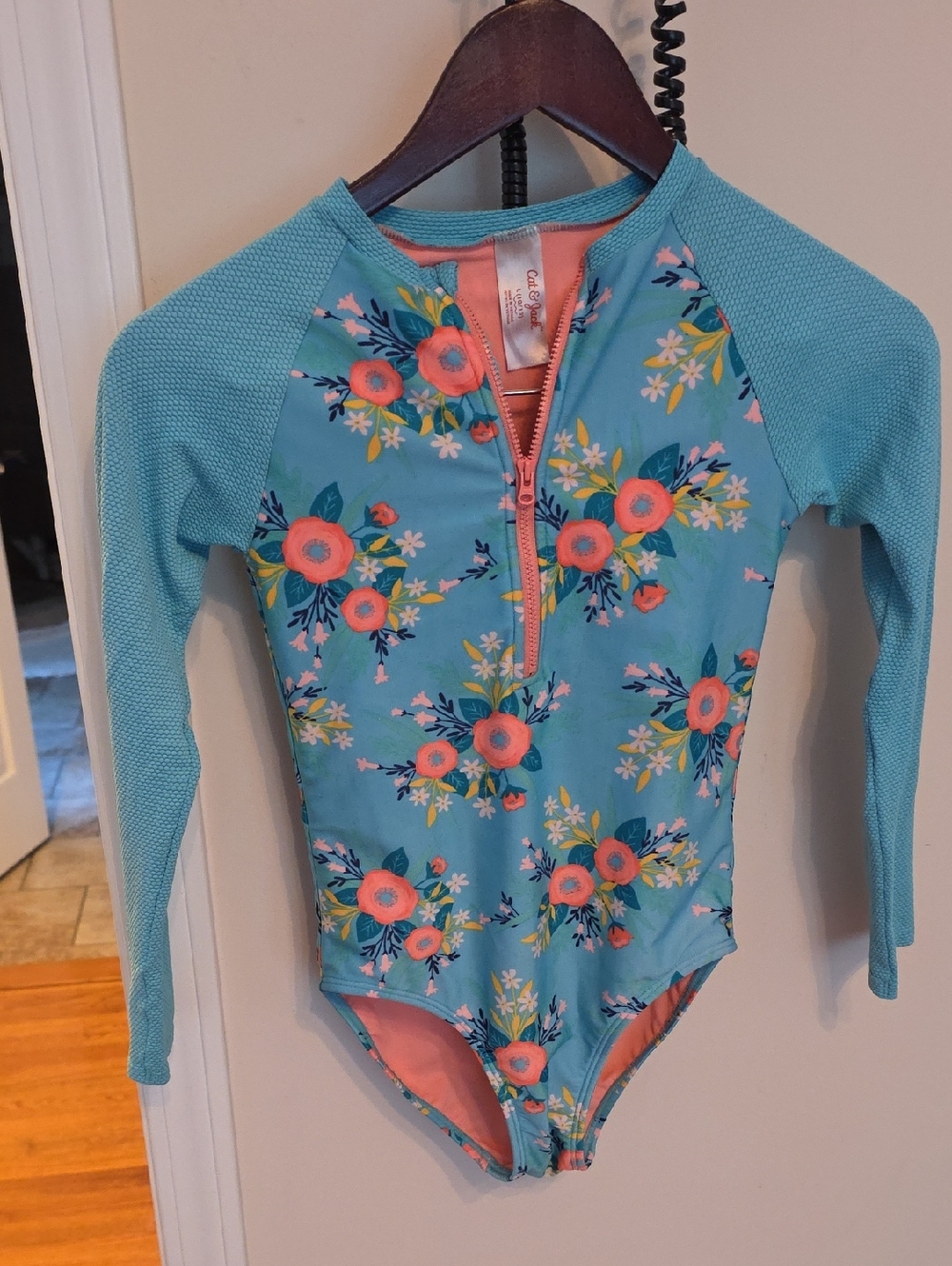 Cat & Jack Teal Floral Long-Sleeve Zip One-Piece Swim